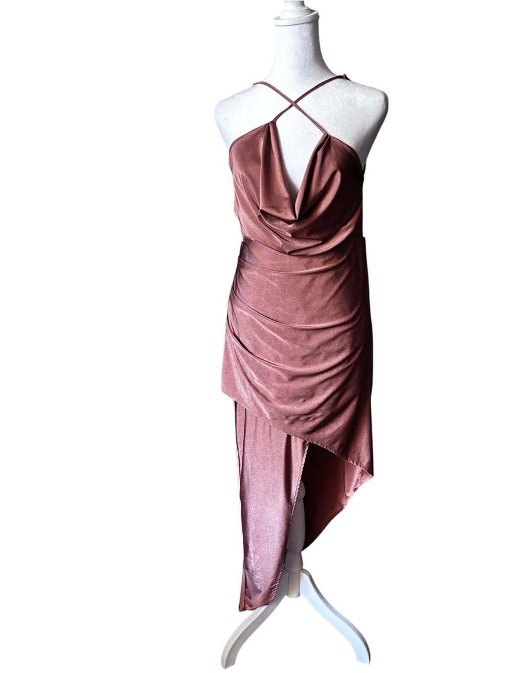Lulu's Rose-Mauve Asymmetrical Satin Cowl Dress